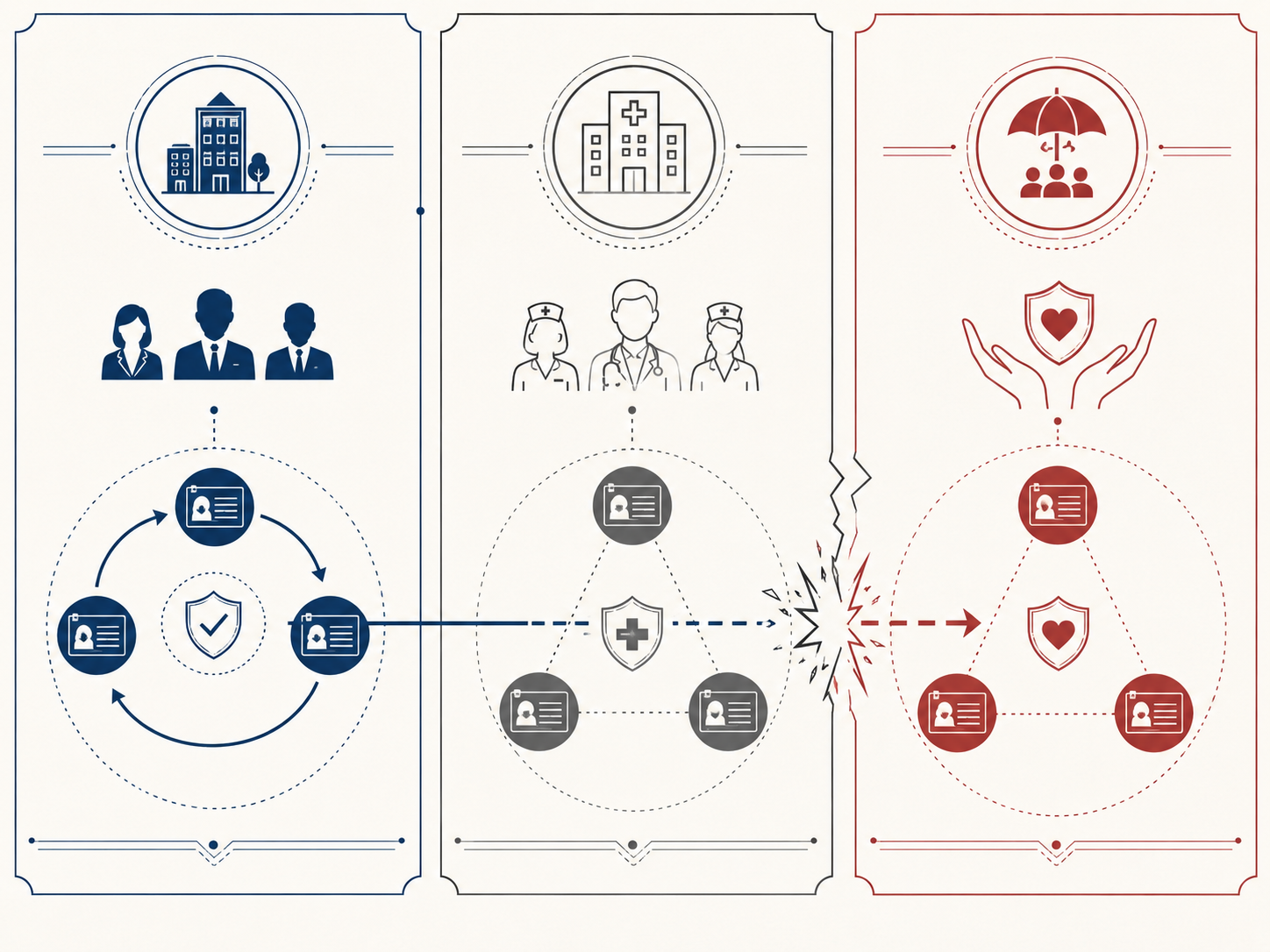 Three-panel diagram illustrating contextual integrity. Left panel in navy: an employer building, three suited figures, and a circular governed data flow with record cards cycling around a verified shield. Middle panel in grey: a hospital and clinical staff with static records and a medical shield but no cycling arrows. Right panel in brick red: a benefits umbrella with people underneath, a heart shield, and records struck by a lightning bolt where data from the other contexts arrives uninvited. An arrow runs left to right through all three panels, showing the data flow that causes harm on impact.