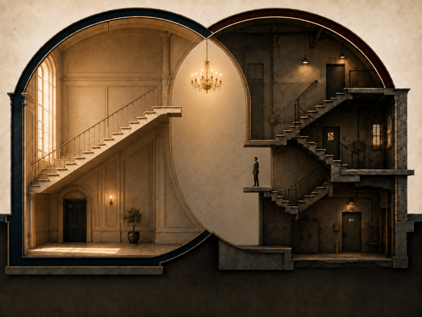 A split architectural cross-section. On the left, a warm, sunlit hall with a clean ascending staircase, chandelier, and ornate paneling. On the right, the same structure rendered in shadow as industrial concrete stairs and bare utility doors, with a lone figure standing on a ledge looking across at the unreachable bright side.